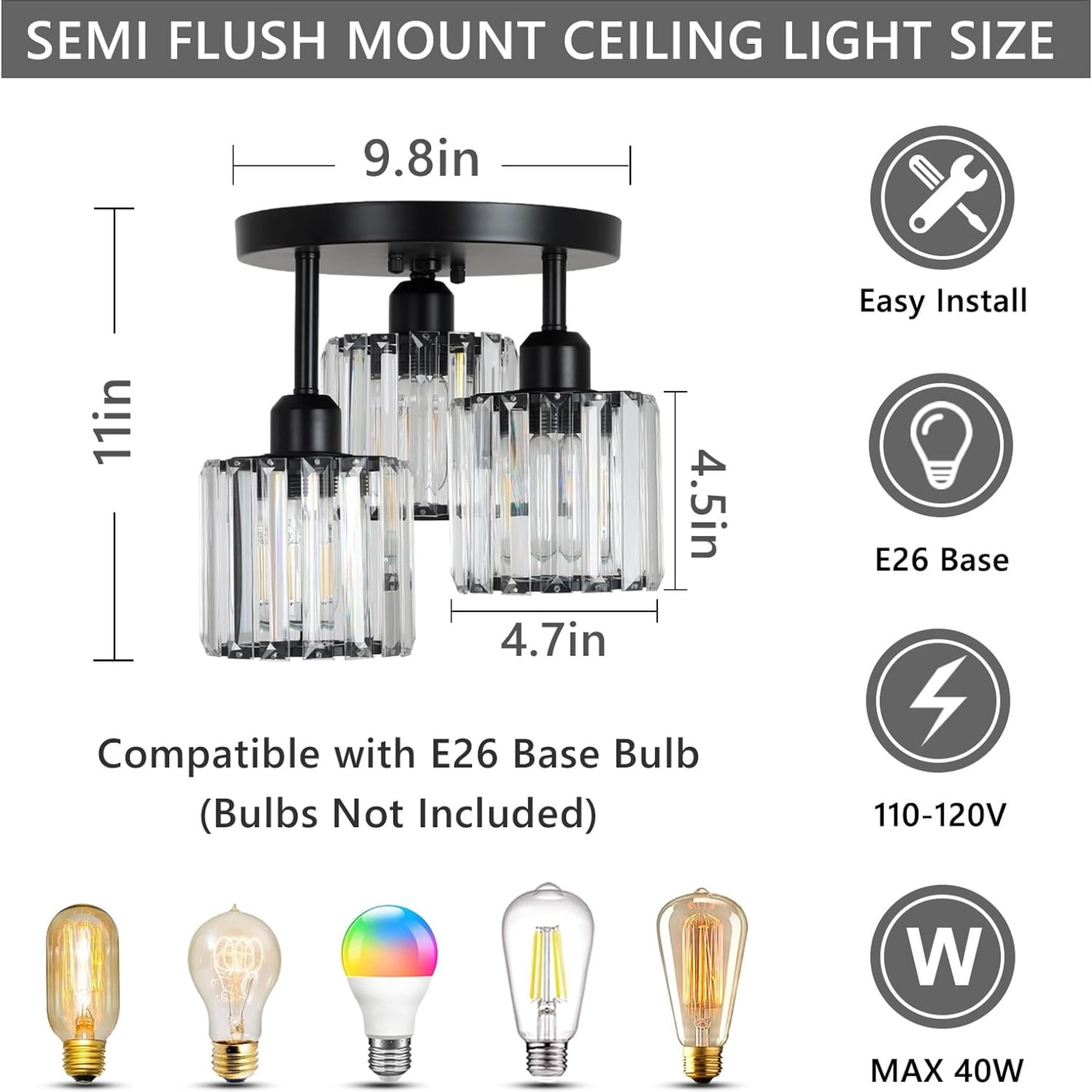 Noble House 13" Crystal Semi-Flush Ceiling Light, Modern Metal Frame, 3-Light E26, Clear Crystal Shade, Black