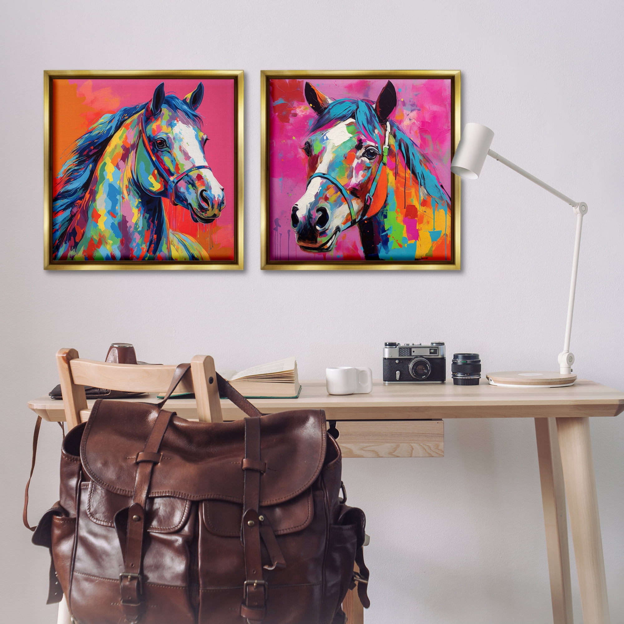 Stupell Industries Bright Neon Horse Portrait Animals Painting Gold Floater Framed Canvas Art Print Wall Art, 25 x 25, Set of 2