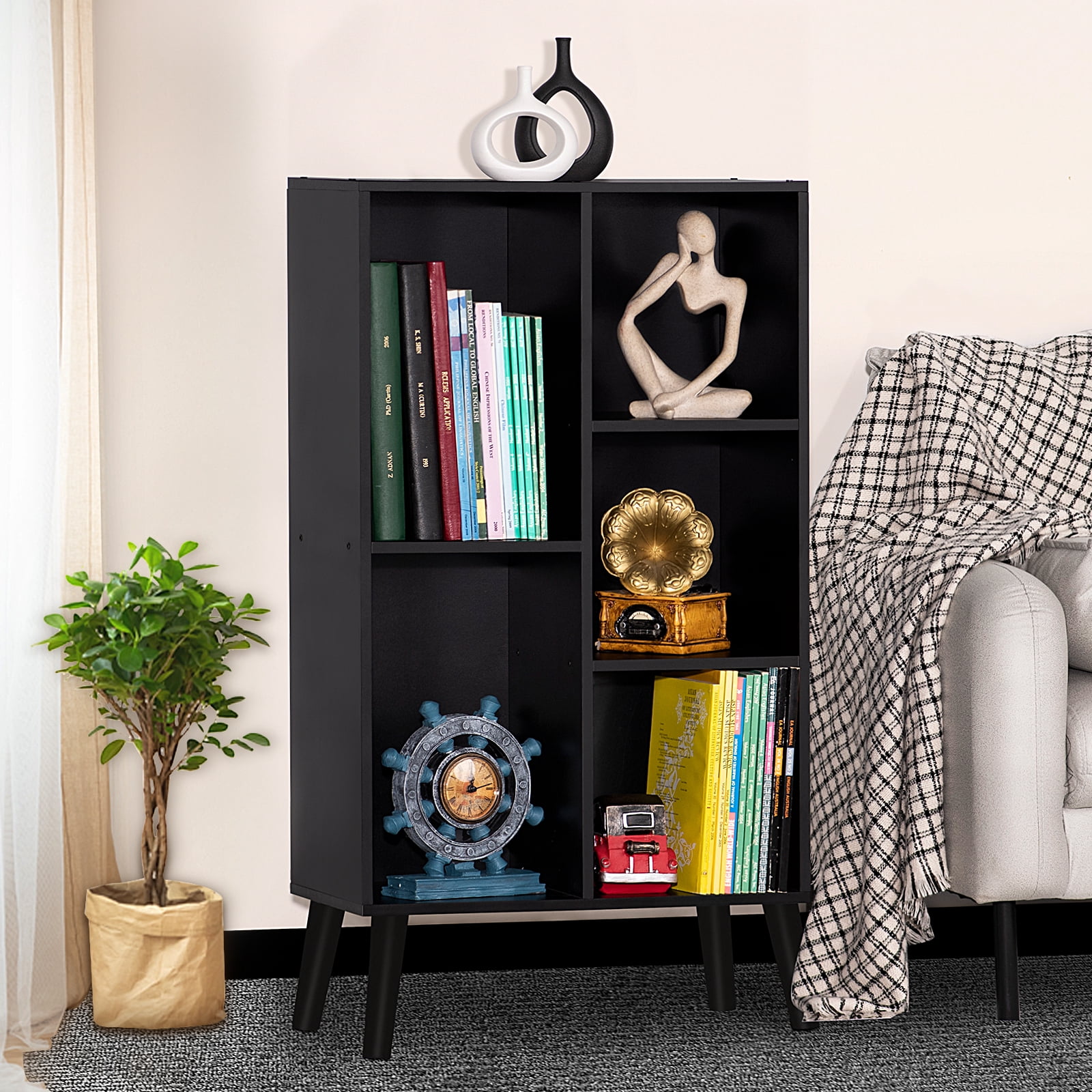 LELELINKY 5 Cube Open Shelf 5-Cube Storage Organizer Standard Wood Bookcase Bookshelf Wall Shelf 38" Tall Narrow Bookcase Display Stand Home Office, Black