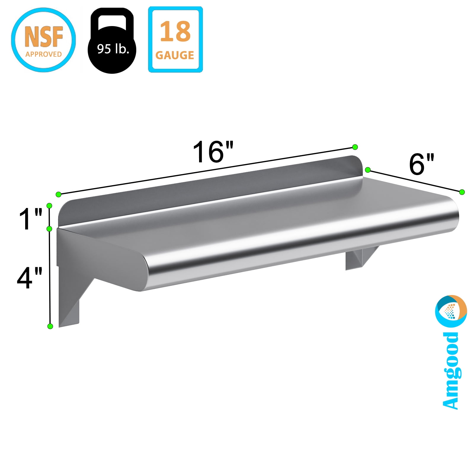 AmGood 6 in. x 16 in. Stainless Steel Wall Shelf | NSF Certified | Appliance & Equipment Metal Shelving | Kitchen, Restaurant, Garage, Laundry, Utility Room