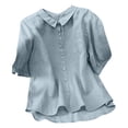 thumbnail image 3 of Women's Linen Cotton Shirt, Short Sleeve Button Down Collared Blouse, Loose Fit Oversized Top, Casual Summer Shirt, Boho Chic Tunic, Retro Vintage Inspired Blouse-Blue, 3 of 5