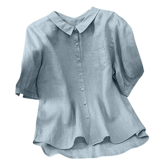 MESSIYO linen shirts for women elbow length tops for women gauze shirts for women t shirts for women womens blouses Linen Shirts For Cotton Retro Embroidered Tops Trendy Vacation Blouse Blue L