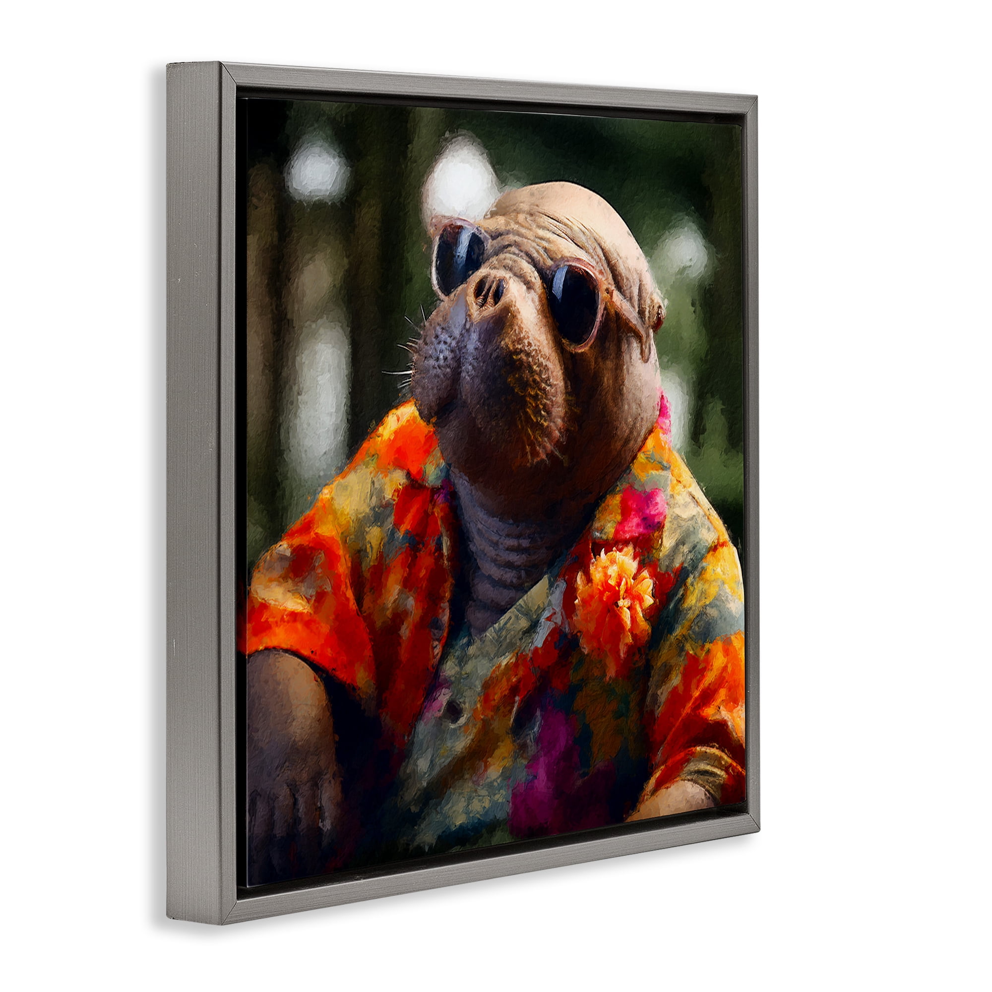 Stupell Industries Manatee with Aloha Shirt Animals & Insects Painting Gray Floater Framed Canvas Art Print Wall Art, 25 x 25