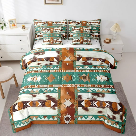 Western Comforter Set 7 Piece Bed in a Bag Twin,Geometric Aztec Bedding Sets,Southwestern Sheet Set with Comforter Vintage Cowhide Bed Set,Cow Print Western Decor for Home
