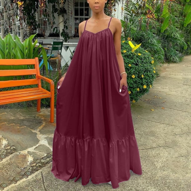 Puntoco Vestidos Mujer Verano Mujer Moda Casual Sólido Sin Mangas Vestido De Correa Bolsillo Suelto Sin Espalda Vestido De Talla Grande