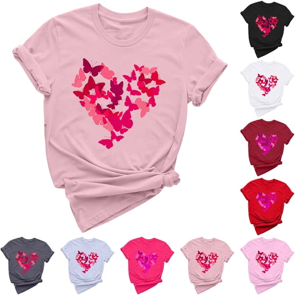 VKOYWKM Happy Valentines Day Shirts Women Love Graphic Tees Cute Tops Holiday Short Sleeve T Shirts Casual Crew Neck Romantic Tshirts