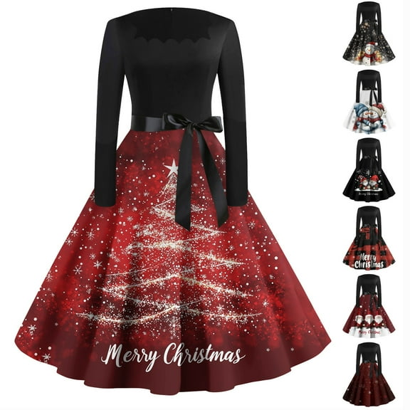 Women's Casual Fashion Printed Retro Square Neck Long Sleeve Dress with Merry Christmas AI Design, Fall and Winter Dress for Holiday Events and Daily Comfort,Black,L