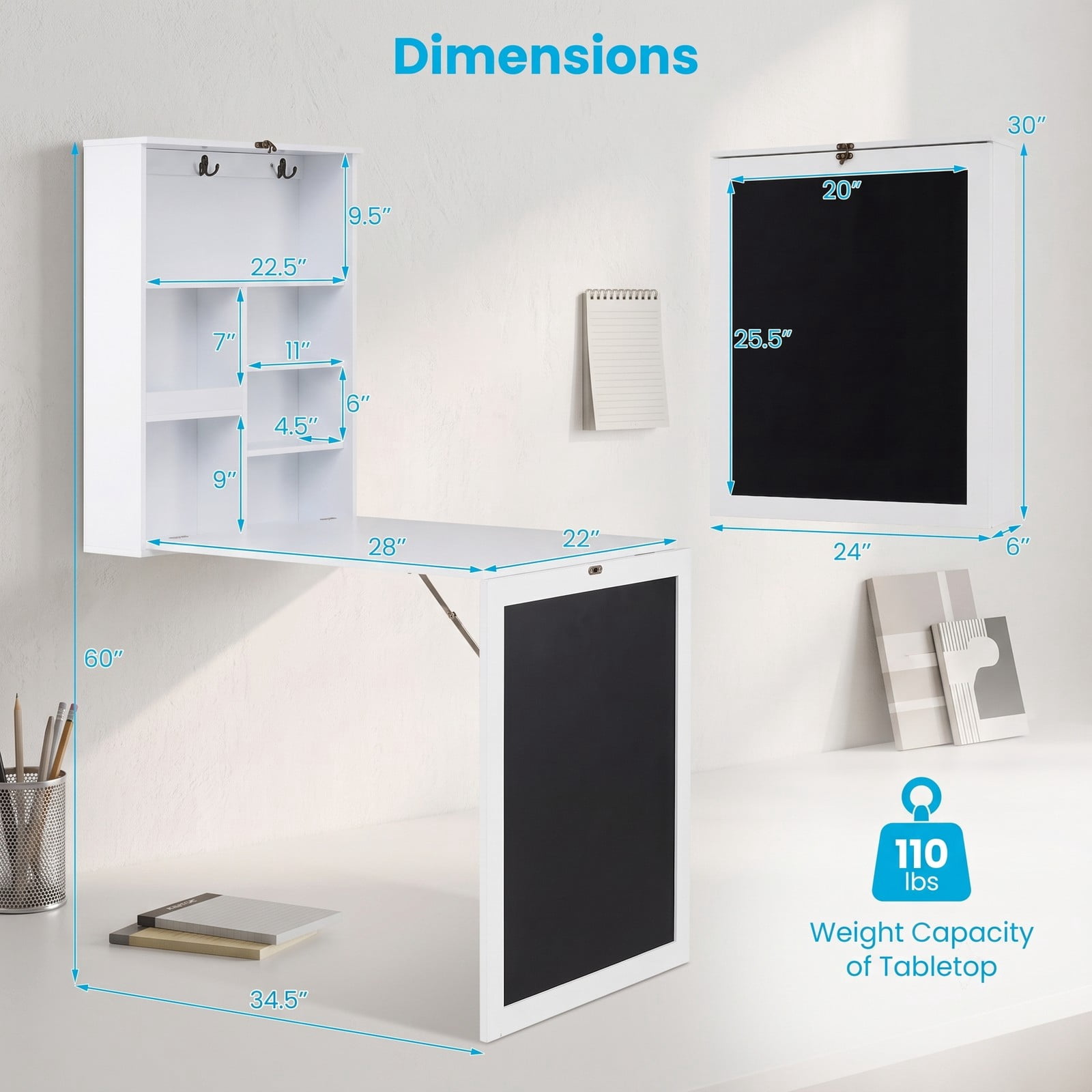 Furnibear Convertible Wall Mounted Folding Table with Chalkboard, Space Saving Fold Down Wall Desk with 6 Storage Cubes and 3 Hooks for Kids Study Home Office, White