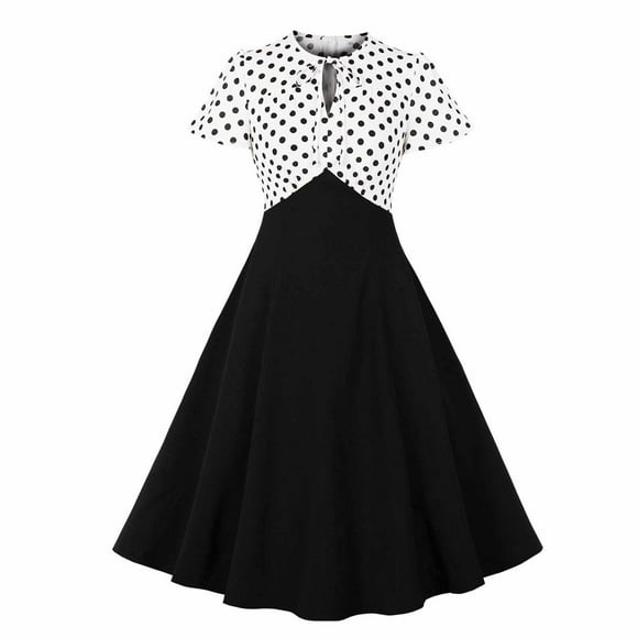 Cameland Women's 1950 Elegant Vintage Polka Dot Flared A Line Swing Dresses Casual Cocktail Tea Party Dresses Short Sleeve Midi Dress