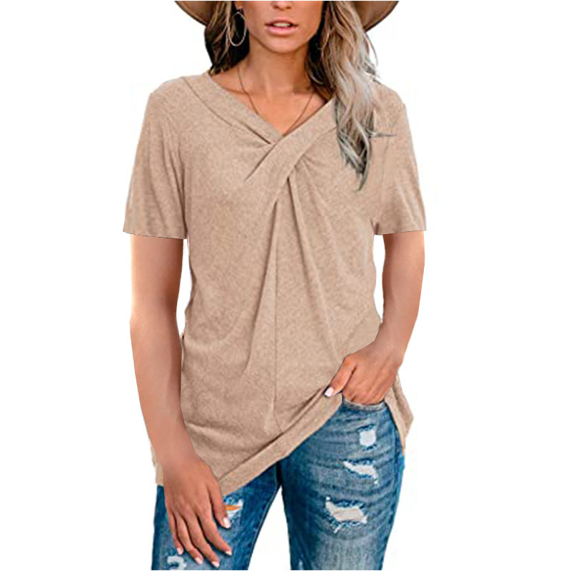 Women V Neck Button Down Blouse Tops Summer Casual Loose Solid Color Twist Knotted T-Shirt for Women 