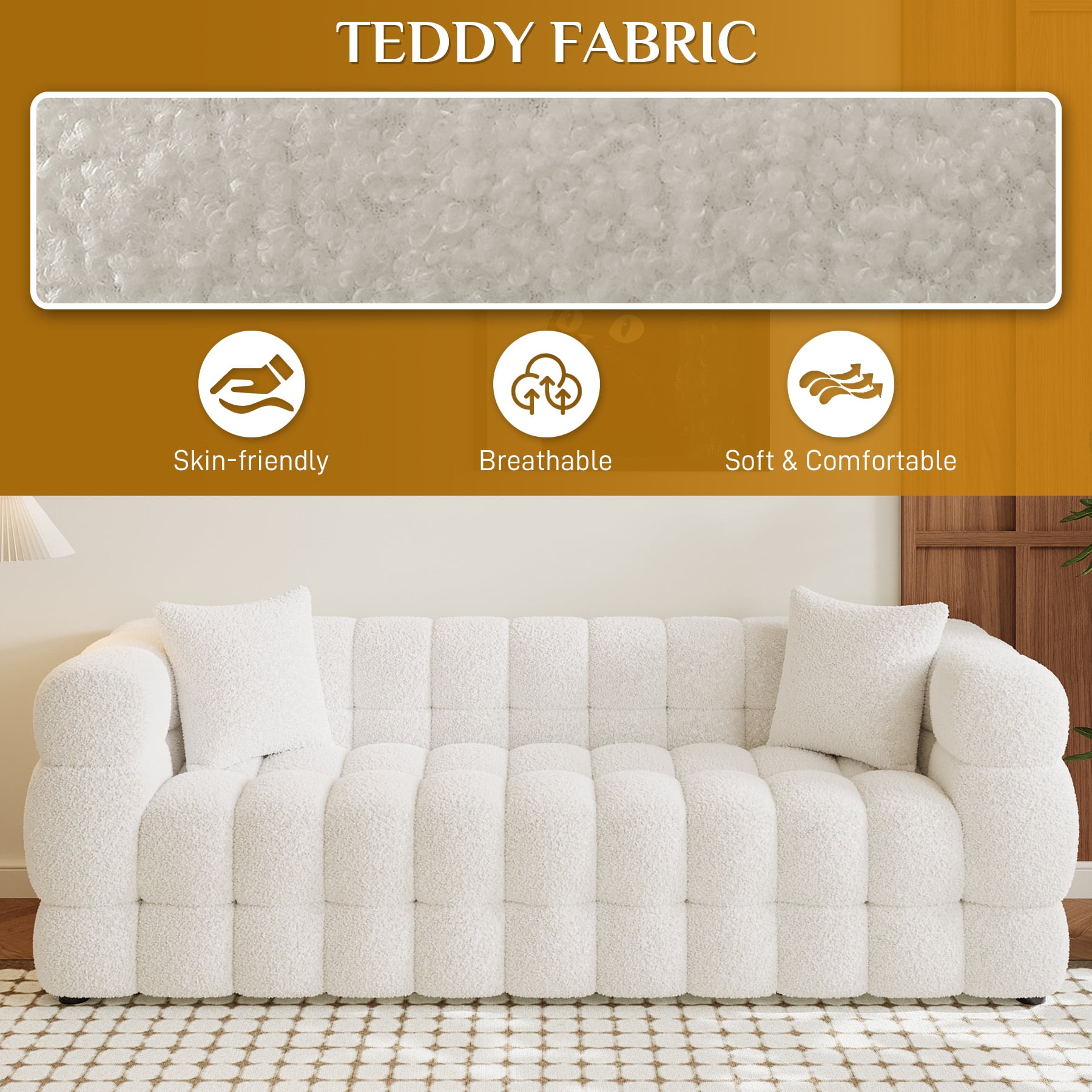 Wiilayok 80.3" Modern Tufted Upholstered 3 Seater Sofa with 2 Pillows，Comfy Sherpa Deep Seat Cloud Couch, Small Love Seat for Living Room Apartment, Beige White