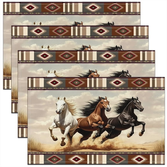 Horse Placemats 12x18 Inch Set of 4,Southwestern Aztec Place Mats,Ethnic Mexican Waterproof Placemats,Farmhouse Animal Table Mats