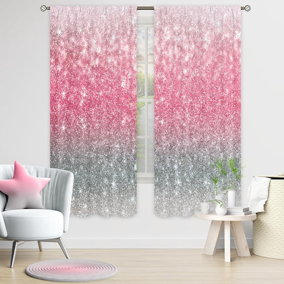 Rideaux Girly Rose Argent Gris 42l X 63h Pouces Poche pour Tringle Pas de Paillettes Tache Grise Filles Enfants Ombré Tendance Art Imprimé Pois Princesse Joli Salon Chambre Fenêtre Draperies Habillage 2 Panneaux