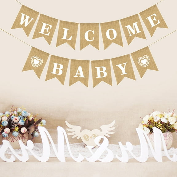 SHOWERORO Burlap Welcome Baby Banner 1Set Khaki Linen Heart Shape For Indoor And Outdoor Decoration Party Supplies