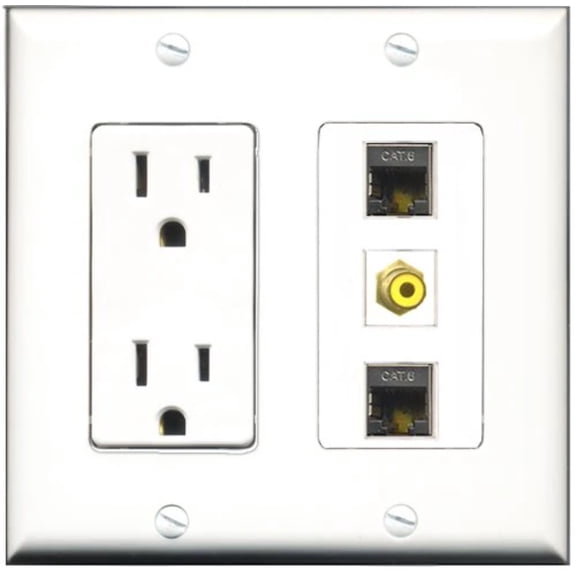 RiteAV - 15 Amp Power Outlet 1 Port RCA Yellow 2 Port Shielded Cat6 Ethernet Ethernet Decorative Wall Plate
