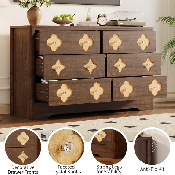 Large 6 Drawer Dresser – 47.2" Wide Mid Century Wood Cabinet, Fluted Front & Boho Style Storage Chest for Dining Room, Bedroom, Living Room – Oak or White Finish