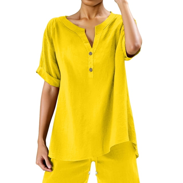 Womens Loose Buttons Down Blouse Tops Solid Casual Short Sleeve Shirt Blouse