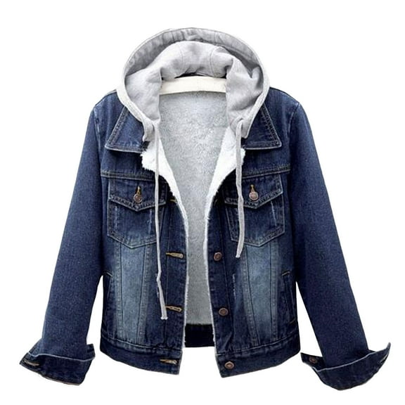 comerut Women Winter Jacket Hooded Solid Color Long Sleeves Detachable Hat Thick Keep Warm Single-breasted Plus Size Plush Denim Winter Coat for Daily Wear