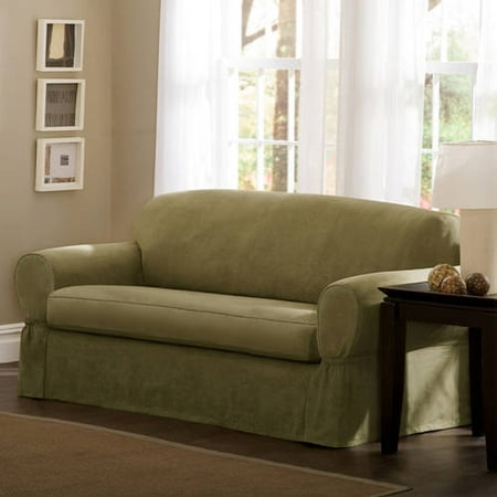 Maytex Piped Faux Suede Non-Stretch 2 Piece Loveseat Furniture Cover Slipcover, Sage Green