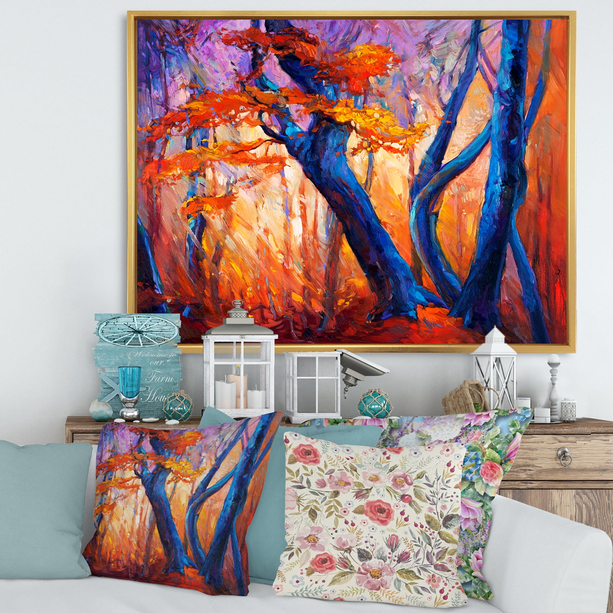Designart 'Abstract Blue Silhouettes Of Trees In Orange Autumn Forest' Farmhouse Framed Canvas Wall Art Print