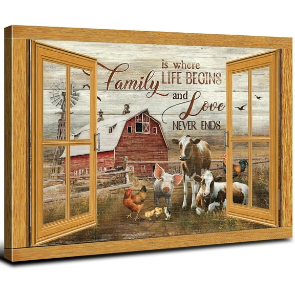 Aaheei Fake Window View Farmhouse Red Barn Landscape Wall Art Rustic Windmill Canvas Prints Posters for Living Room Country Animals Cow Rooster Picture Artwork Bedroom Kitchen Home Decorations