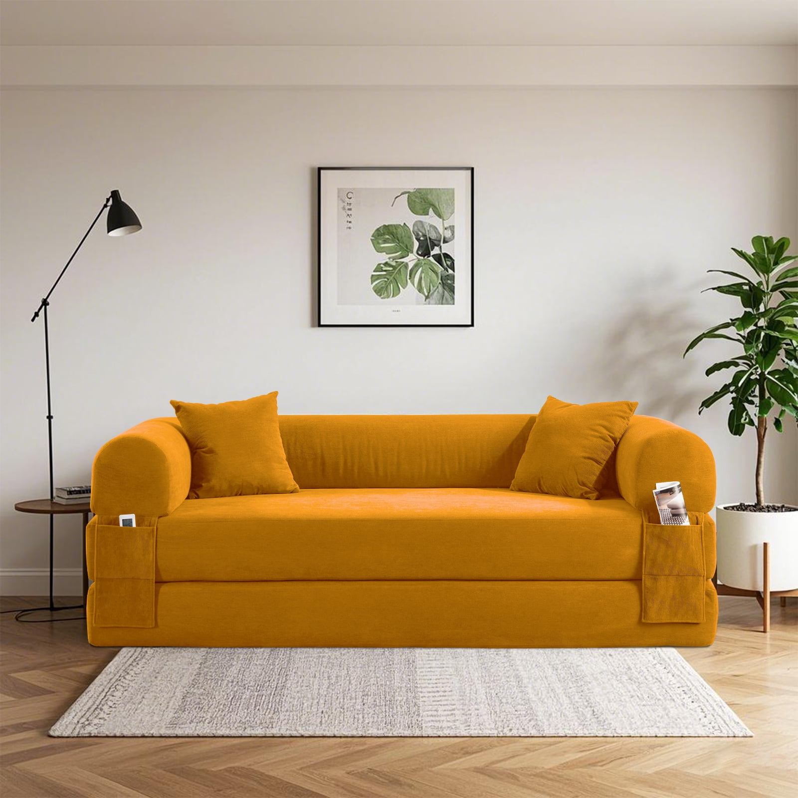 3 in 1 Convertible Sofa Bed, 80" Corduroy Folding Pull Out Couch with 2 Pillows, Floor Sofa with Side Storage for Living Room, No Assembly Modern Boneless Couch Compression Sofa, 30"W
