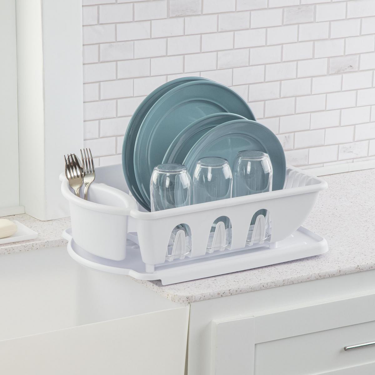 Tribello Sink Dish Drying Rack, Heavy Duty Hard Plastic Sink Set with Drainer (White) Made In USA