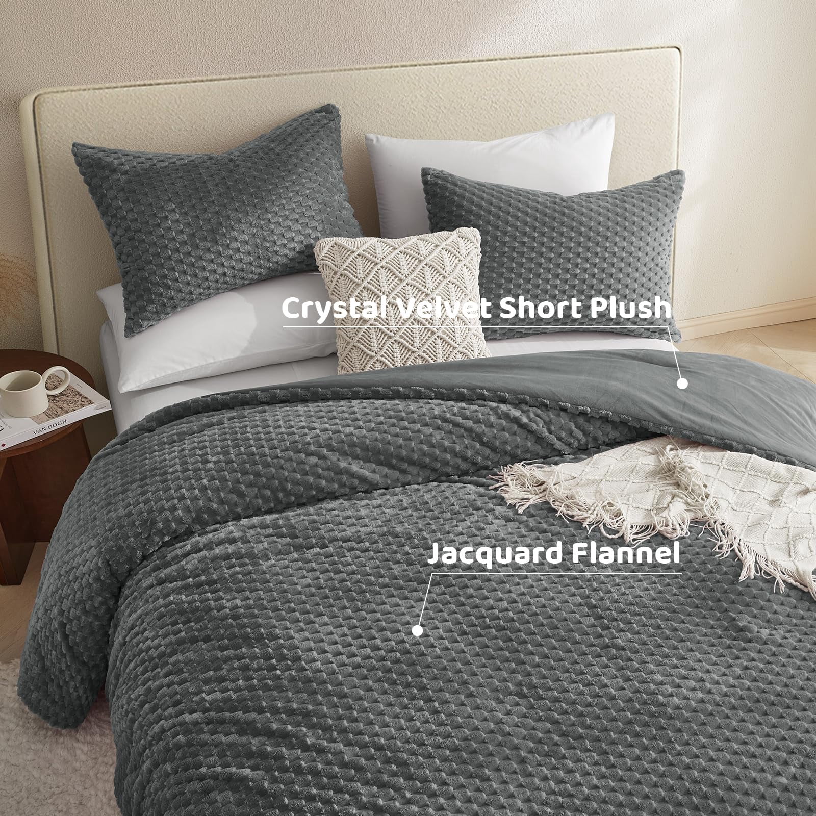 Petrichor Cozy Flannel Comforter Set, Warm and Soft Twin Size Quilt for Winter, 3 Piece Bedding Set with 2 Pillowcases, Gray