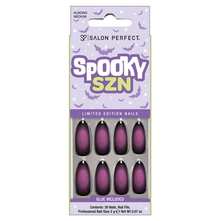 Salon Perfect Halloween Fall Artificial Fake Press On Nails, 394 Aura Purple, Medium Almond, File, Glue and Prep Pad Included, 30 Nails
