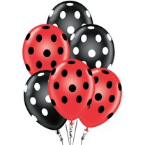 PMU Polka Dot Balloons Party-Tex 11in Premium Black and Red with All-Over print White and Black Dots Pkg/50