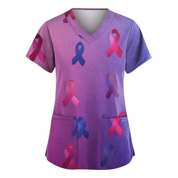 LHVUOA Breast Cancer Scrub Tops for Women V Neck Short Sleeve Pink Ribbon Printing Tops Breast Cancer Awareness Nursing Uniforms
