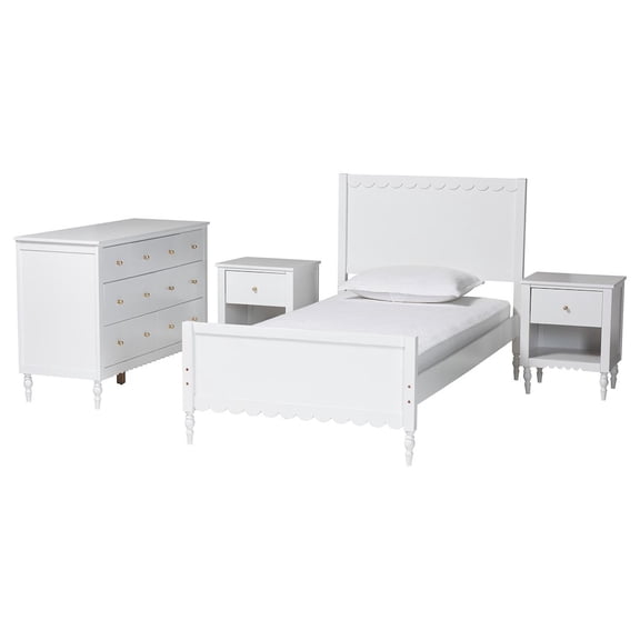 Baxton Studio Roni Modern White Scalloped Wood 4-Piece Full Bedroom Set with Two Nightstands