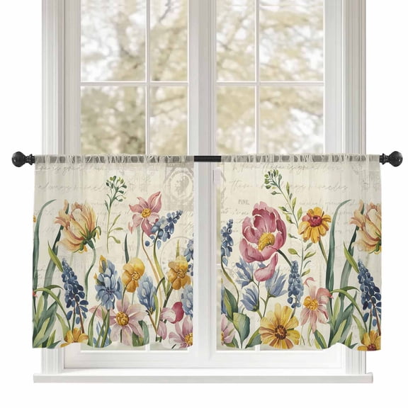 Colorful Wildflowers Sheer Curtains 45 inches Long, Blue Pink Yellow Floral Retro Light Filtering Sheer Window Curtains Rod Pocket Voile Drapes for Bedroom Living Room, 52"W x 45"L 2 Panels