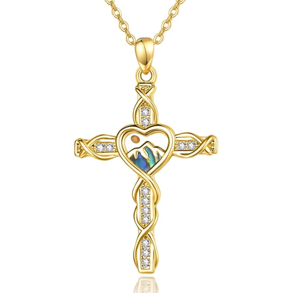 TANGPOET Copper Heart Cross Pendant Necklace Gold Tone Blue Accent Jewelry