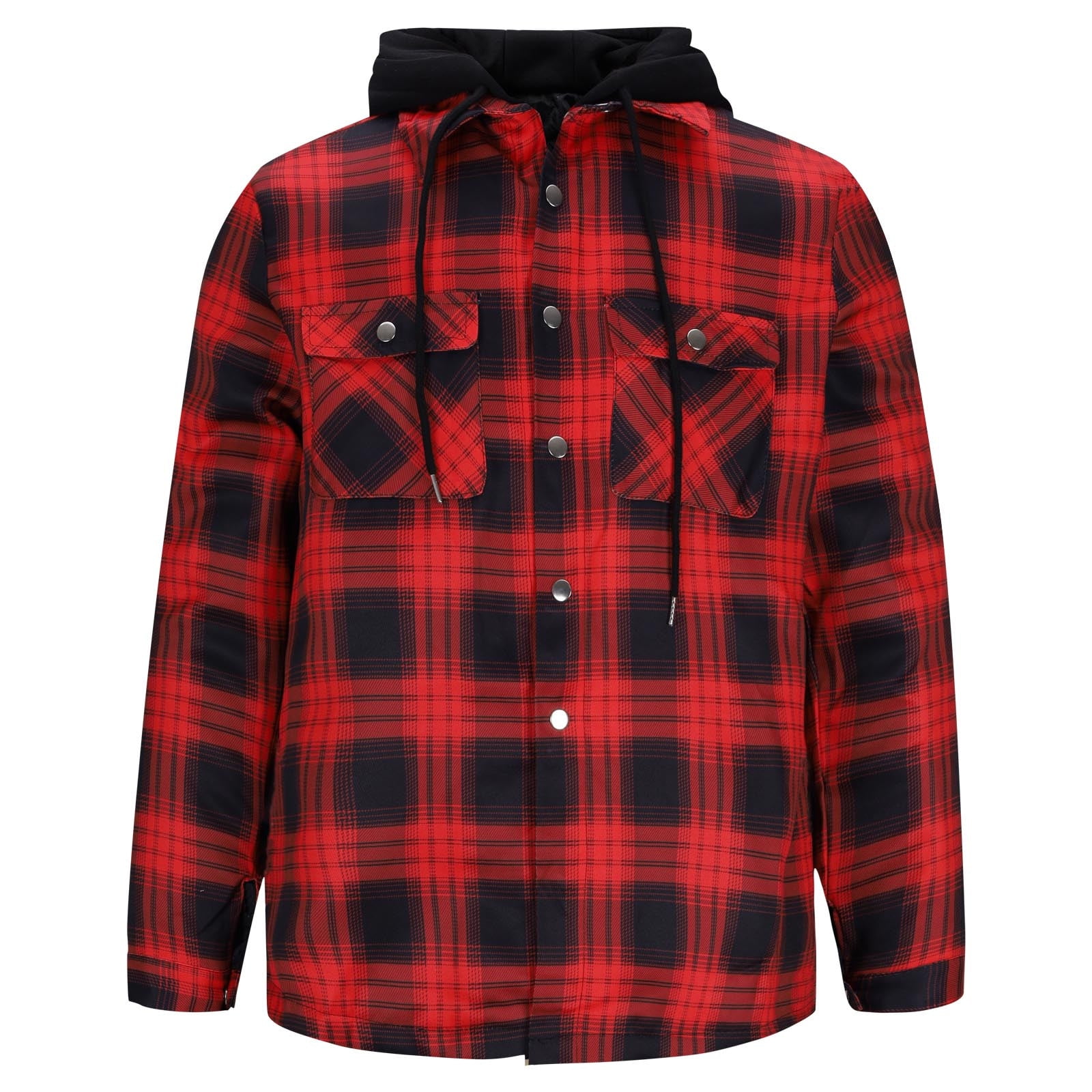 BiZtdJrK Mens Quilted Lined Button Down Hoodies Christmas Plaid Full Zip Shirt Jacket with Hood Warm Winter Coats, Red, XXL