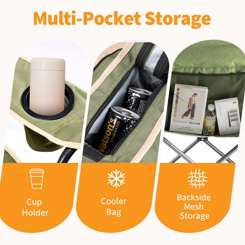 Simenmax Heavy Duty Camping Chair, Oversized Portable Folding Chair with Cooler Bag and Cup Holder, Outdoor Lawn Chair for Hiking Beach Sports,Green