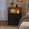 thumbnail image 4 of Hiphuta Farmhouse Set of 2 Nightstands with Charge Station, Wood End Table with 3 Drawers for Adult Bedroom, LEDS Bedside Table for Living Room, Black, 4 of 7