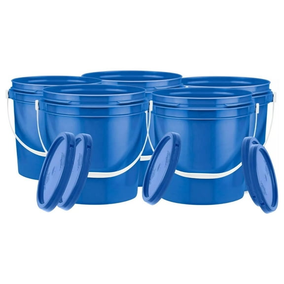 1 Gallon Plastic Bucket Container with Lid Blue Color Food Grade BPA Free Made in USA (Pack of 5 Buckets)