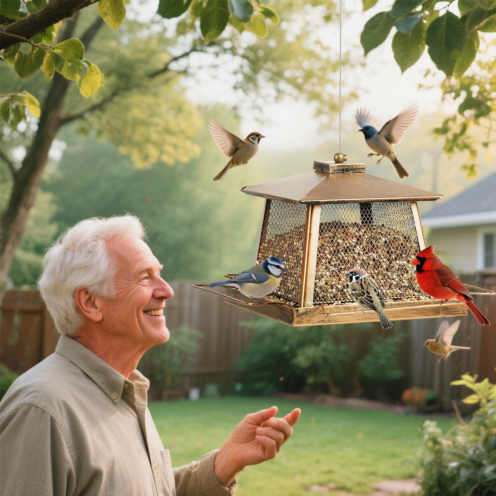 IWNTWY Wild Bird Feeder for Outdoors Hanging, 4 lb Large Capacity Gazebo Style Metal Bird Seed Feeder with 4 Perches