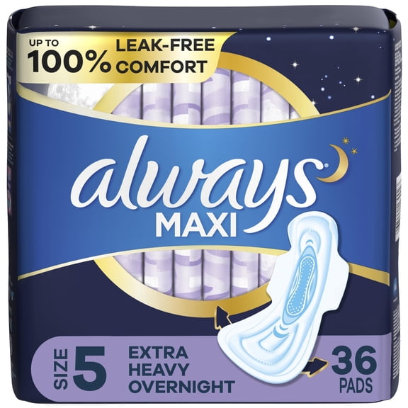 Always Maxi Feminine Pads for Women, Size 5 Extra Heavy Overnight Absorbency, with Wings, Unscented, 36 Count BE26