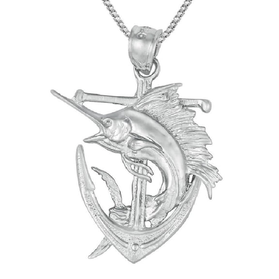 925 Sterling Silver Necklace Anchor with Blue Marlin 3D (3 Dimensional) Solid Pendant