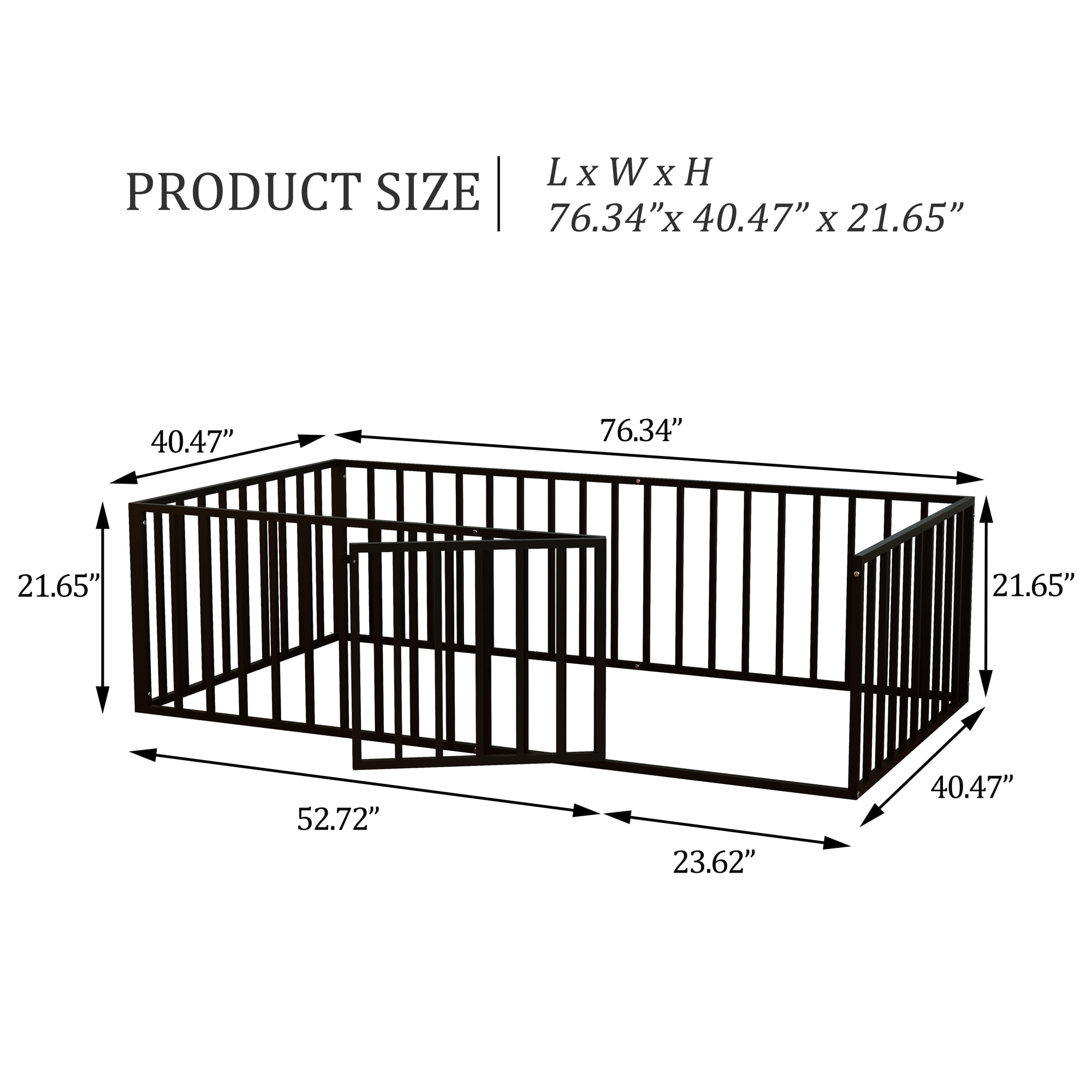 Twin Floor Bed with Door, Metal Montessori Floor Bed with Rails, Low-Profile Montessori Beds, Black
