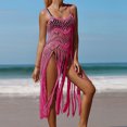 thumbnail image 4 of Cavosen Long Beach Cover up for Women Knitted Crochet Hollow Out Dress Kimono Tassel Fringe Hem Sleeveless Round Neck Sheer Flowy Breathable Side Split Long Sunscreen Solid Kaftan, 4 of 7