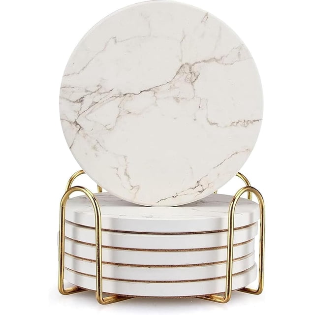 Set de 6 Posavasos de Cerámica Blanca Efecto Mármol con Soporte Dorado y Base de Corcho Antideslizante