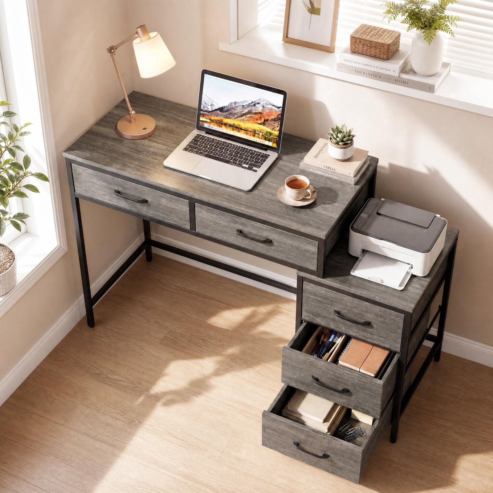 Furnibear Computer Desk with 5 Drawers and Printer Stand for Bedroom and Small Spaces for Home Office Study Computer Writing Workstation, Oak