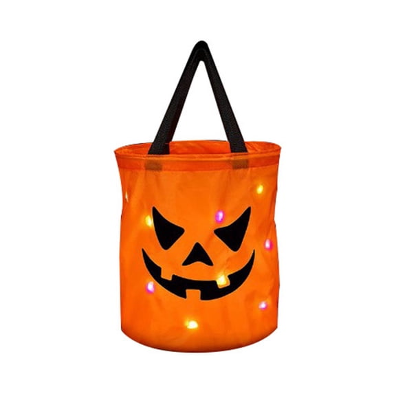 LED Halloween Pumpkin Candy Bag for Kids, Light Up Trick or Treat Bucket, Reusable Polyester Candy Tote with Smiling Jack O Lantern Face, Halloween Party Favor Bag for Candy, Toys & Night Events