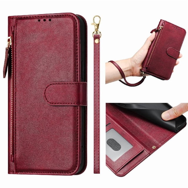Étui Portefeuille pour Xiaomi Poco X7 Pro 5G avec Poche à Fermeture Éclair, Porte-Cartes, Support, Dragonne, Étui à Rabat en Cuir Rouge