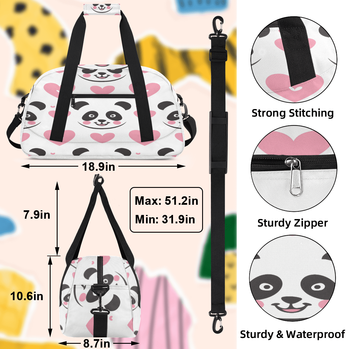 Herdesigns Cute Pandas Sports Duffle Bag for Women & Men, Pink Heart Gym Bag Dance Bag Overnight Bag Carry On Weekender Travel Bag