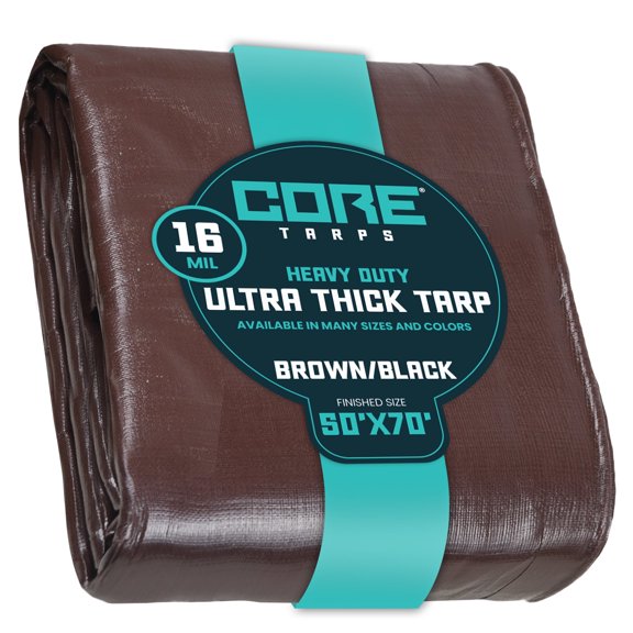 Core Tarps 16 Mil Heavy Duty Tarp Tarpaulin Waterproof Cover, Brown/Black 50′ X 70′Ft