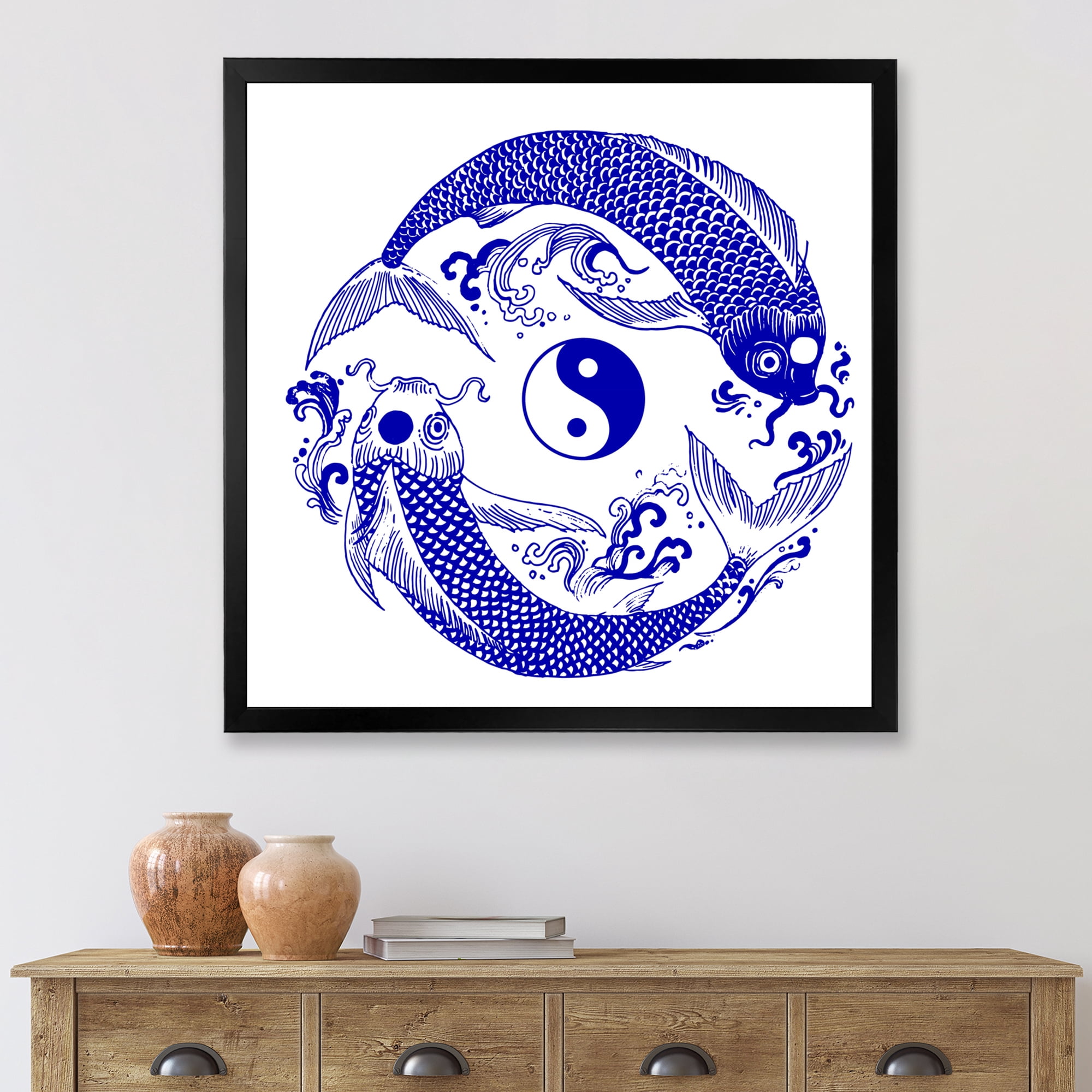 Designart 'Blue Chinoiserie Koi Fish II' Traditional Framed Art Print